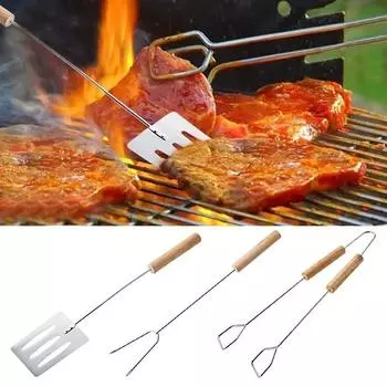 3 Pcs BBQ Tool Set Spatula Fork Tong with Long Handles Grip Grilling Tool Outdoor Camping Equipment