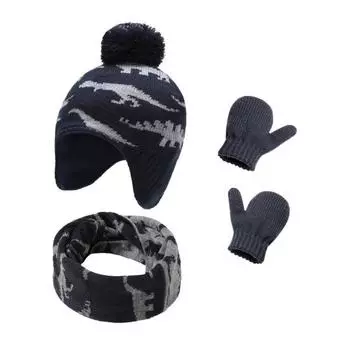 3 Pcs/Set Children Hat Neck Warp Gloves Set Thickened Printing Knitted Anti-slip Heat Retention Windproof Keep Warm Girls Boys Scarf Gloves Beanie Set синий