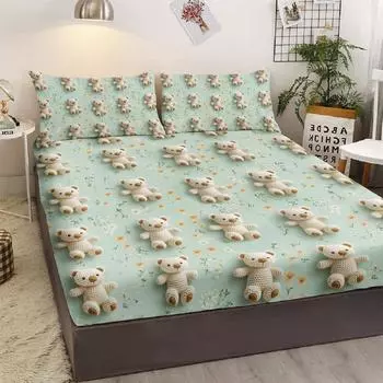 3-Piece Bed Set With White Flower Mohair Bear, With 2 Pillowcases, Suitable For Living Room And Bedroom (Boy, Childhood, Gift) 99cmx199cm
