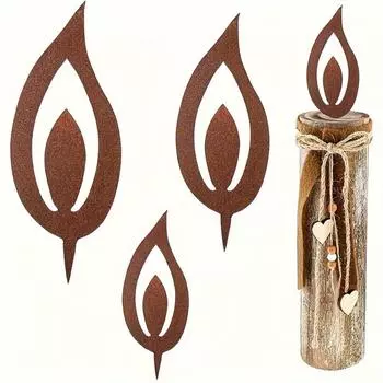 3 Piece Rustic Christmas Garden Insert Sign Set with Metal Candle Flame Silhouette Outdoor Holiday Decor, Weatherproof Lawn Art красный