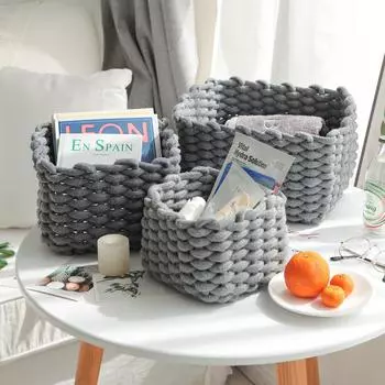3 размера Nordic Cotton Line, плетеная вручную корзина для хранения, грубая веревка, настольный органайзер, коробка для детских игрушек, закусок, ключей, косметических товаров M 23x23x16cm темные хаки