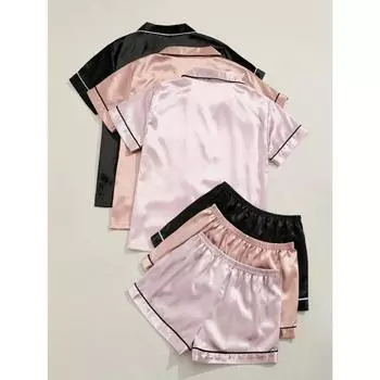 3 Sets Satin Pajama Set for Women Summer New Short Sleeve Lapel Top Elastic Waistband Shorts Set Women s Sleepwear Loungewear M