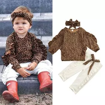 3 шт., осенняя одежда для маленьких девочек 0-5 лет, топы с леопардовым принтом и рюшами, однотонные леггинсы с бантом, брюки, комплект одежды, спортивный костюм