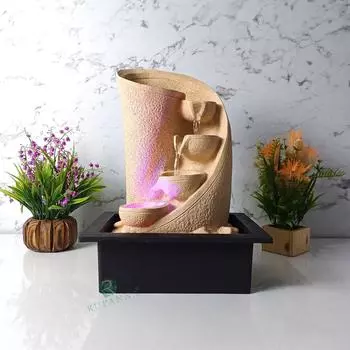 3 Step Curve Diya Table Top Water Fountain with LED RGB Light for Home Decor/Office/Gift/House Warming Gift/Marriage Gift (Biege Stone)