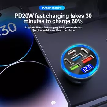 3 USB 2 PD 200W Автомобильное зарядное устройство Type C Быстрая зарядка светодиодный цифровой дисплей Автомобильный адаптер для мобильного телефона для iPhone Samsung Huawei Xiaomi чёрный
