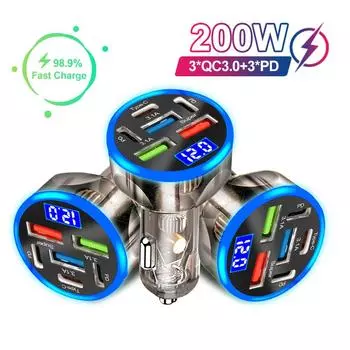 3 USB 2 PD 200W Автомобильное зарядное устройство Type C Быстрая зарядка светодиодный цифровой дисплей Автомобильный адаптер для мобильного телефона для iPhone Samsung Huawei Xiaomi чёрный