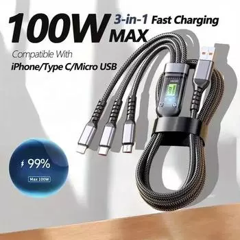 3-в-1 100 Вт быстрая зарядка USB-Type-C Micro кабель для быстрой зарядки для iPhone 15 Samsung Xiaomi Huawei iPhone 14 13 12 11 XS X 8