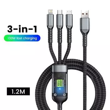 3 в 1 100 Вт кабель для быстрой зарядки с цифровым дисплеем USB на Type C/IOS/Micro для Xiaomi Samsung Huawei iPhone 13 14 мобильный телефон кабель чёрный