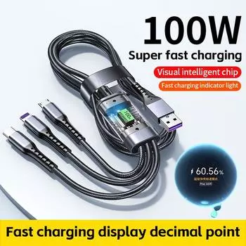 3 в 1 100 Вт прозрачный кабель для быстрой зарядки Type C Usb Micro для iPhone Samsung Huawei Xiaomi Pilot Lamp Charger Usb C 1.2m чёрный