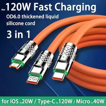 3 в 1 120 Вт 6 А кабель для быстрой зарядки типа C Micro USB для iPhone кабель для зарядки Samsung Huawei Xiaomi телефон зарядное устройство USB кабель