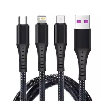 3 в 1 5A USB кабель для быстрой зарядки Type C Micro IOS Multi Charger Cable для iPhone Huawei Xiaomi Samsung нейлоновый плетеный шнур чёрный