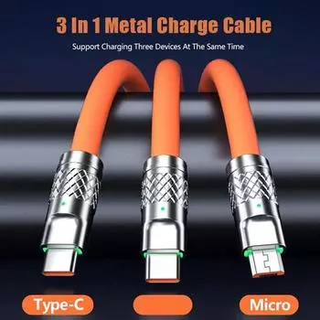 3 в 1 цинковый сплав кабель для зарядки 120 Вт 6A Super USB защита для iPhone Micro USB Type-C 8-контактный кабель для зарядки 1m