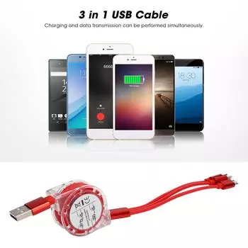 3 в 1 нейлоновый оплетенный многоразовый USB-кабель для зарядки для IOS/Type C/Micro PortRed