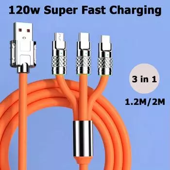 3 в 1 USB-кабель 120 Вт 6 А, кабель для быстрой зарядки, тип C, микро-USB-шнур для зарядки iPhone, Xiaomi, Samsung, телефона, планшета, ноутбука
