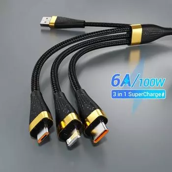 3 в 1 USB-кабель для зарядки 6A 100W для Huawei/Honor Портативный кабель Micro USB TypeC для зарядки iPhone 14 Samsung 1.25m