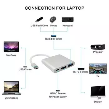 3 в 1 USB-концентратор USB C - HDMI-совместимый разветвитель HUB Type-C - HDMI-совместимая док-станция USB3.0 для Macbook Air Converter серебряный