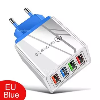 3A USB зарядное устройство Quick Charge 3.0 для iPhone 15 16 Samsung Xiaomi планшет многопортовое настенное быстрое зарядное устройство адаптер для мобильного телефона Blue EU