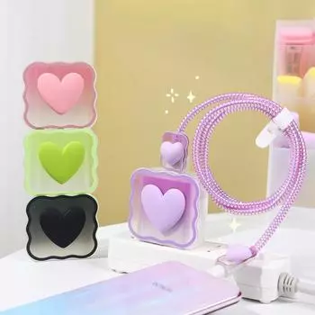 3D 20 Вт EU US iPhone зарядное устройство защитный чехол для iPhone 15 14 13 Pro Max Love Heart кабель управления данными комплект для намотки шнура чёрный