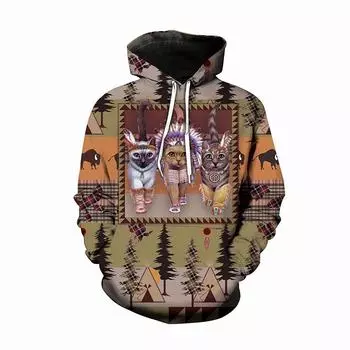 3d Aboriginal Hoodie Native Sweatershirt Long Sleeve Pullover Men Women Jacket Cat,L
