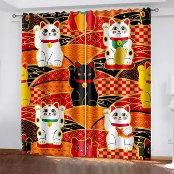3D Animal Cat Series Shadowing Curtains 2 Pieces Гостиная Спальня Домашнее украшение Крючок Перфорация 100W130H(CM)40x51in&Hook