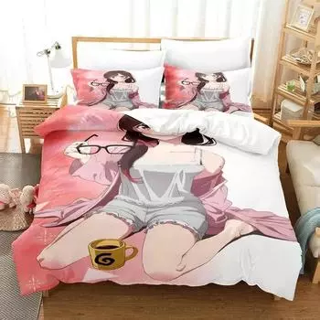 3D Anime Rent-A-Girlfriend Chizuru Bedding Set,Duvet Cover Bed Set Quilt Cover Pillowcase,King Queen Twin Size Boys Girls Adults EU Single 135x200cm