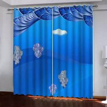 3D Blue Art Print Printed Window Warnings For Boys Men Adults Landscape Living Room Bedroom Kitchen Blackout Warning Drapes W70xH160cmx2&Grommet Top