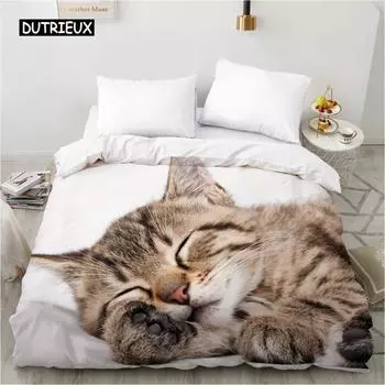3D Cat Белый пододеяльник Удобный чехол Роскошный питомец Тема Милый Кот Животные Пододеяльник для детей Женщин Украшения для спальни EU single(135x200cm)