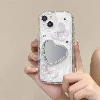 3D чехол для телефона с бриллиантами и бабочкой для iPhone 14 13 12 11 15 Pro Max X XR XS, силиконовый чехол для зеркала для макияжа с сердечками For iphone12