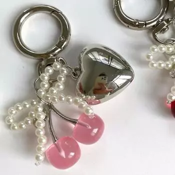 3D Cherry Keychain Pearl Bow Silver Heart Pendant Keyring Women S Bag Accessories Gifts розовый