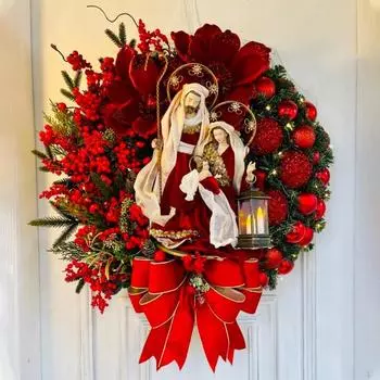 3D Christmas Hanging Sign Holy Jesus Print Berry Clusters Wreath Front Door Sign For Front Door Window Wall 40cm