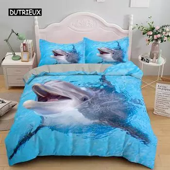 3D дельфин в синем море Queen King Size комплекты постельного белья Animal Single Quilt Duvet Cover Set Детская кровать для взрослых Полиэстеровое постельное белье 150x200cm 3pcs