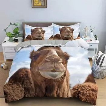 3D Desert Camel Пододеяльник Коричневый Животный Мальчики Девочки Дети Подростки Взрослые Милый Дикой Природы Тема Полиэстер Пододеяльник Украшение Спальни 135x200cm 2pcs