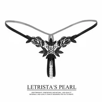 3D Embroidered Pearl Flower Low-Waist Thong - Sexy Lace See-Through Panties One Size