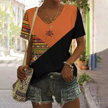 3D Fashionable and Simple Personalized Pattern Women T-Shirt Vintage Ladies Tees Female Sleeve Loose Women Clothing V-neck XS