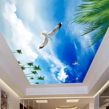 3D фотообои для потолка Голубое небо Кокосовая пальма Белый голубь Фреска Гостиная Потолок Стена Украшения Дома Обои 200 cm(W) x 140 cm(H)