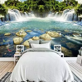 3D фотообои с водопадом, природный пейзаж, текущая вода, обои для гостиной, ТВ, стены, спальни, домашний декор, настенная роспись 200 cm(W) x 140 cm(H)
