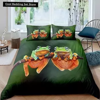3D Frog Family King Queen Пододеяльник Маленький древесный лягушонок Комплект постельного белья Тропическая природа Животное Пододеяльник Полиэстеровый чехол EU single(135x200cm)