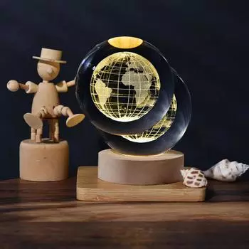 3D Galaxy Crystal Ball Lamp Лазерная гравировка Ночной светильник с деревянной основой для декора спальни, Moon прозрачный