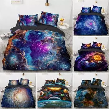 3D Galaxy King Queen Пододеяльник Звездное небо Постельное белье Вселенная Пододеяльник Космос Мягкий стеганый чехол Темно-синий 70x133cm 2pcs