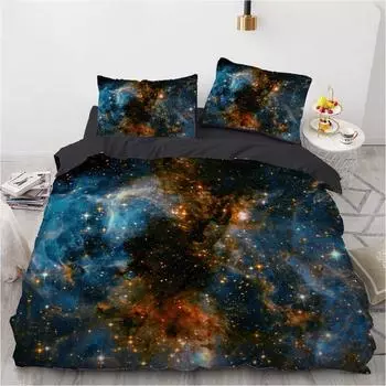 3D Galaxy King Queen Пододеяльник Звездное небо Постельное белье Вселенная Пододеяльник Космос Мягкий 2/3 шт. Покрывало Темно-синий 135x200cm 2pcs