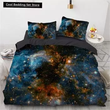 3D Galaxy King Queen Пододеяльник Звездное небо Постельное белье Вселенная Пододеяльник Космос Мягкий 2/3 шт. Покрывало Темно-синий EU single(135x200cm)
