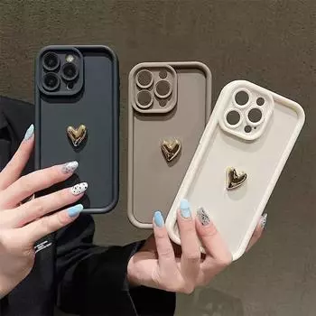 3D Gold Heart силиконовый мягкий чехол для телефона iPhone 16 15 14 13 12 11 Pro Max XS XR 7 8 Plus SE 2020 противоударный чехол Candy Matte iPhone 15 Pro Max белый