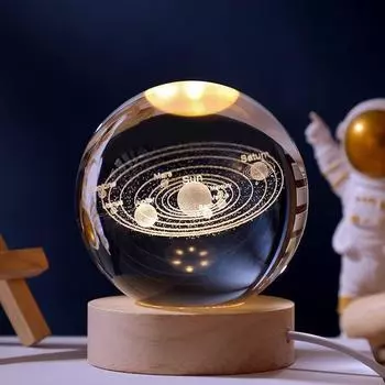3D Хрустальный шар Солнечной системы, Ночник, Креативный гравированный ночник для детской комнаты, Светодиодная настольная лампа с деревянной подставкой, USB