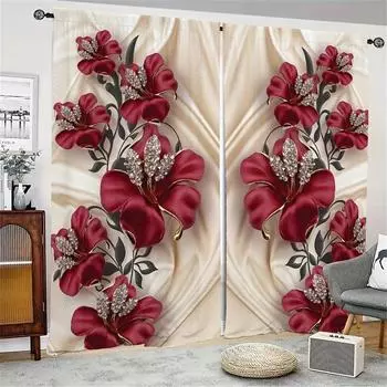 3D красно-золотые алмазные цветочные шторы на окна жалюзи для гостиной детской спальни ванной кухни офиса двери домашнего декора2P W65X60H(cm)X2Pcs&Hook