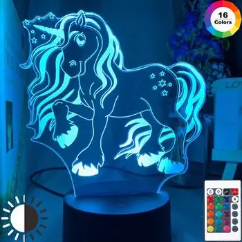 3D лампа Единорог ночник с изменением цвета USB батарея ночник для девочек декор в спальню подарок для