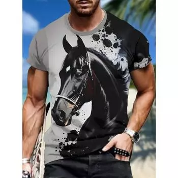 3D Majestic Horse Printing Round Neck Street Fashion T-Shirt Трехмерная печать Horse Мужская креативная футболка с короткими рукавами S
