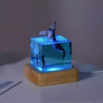 3D Морской куб с китом Светодиодная настольная лампа Украшения из смолы Новинка Акула Дайвер Океан Микро Пейзаж Настольные ночники Аксессуары