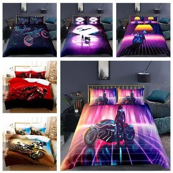 3D Motorcycle Bedding Set Boys Men Down Duvet Covers Pillowcases 2/3pc Teens Gift Soft Ultra-fine Fiber Cover Home Textile Baby 100x135cm