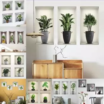 3D Наклейка на стену с комнатным растением, зеленое растение, цветок, триптих, картина, постеры, украшение для гостиной, фойе, настенное отверстие, ремонт, наклейка