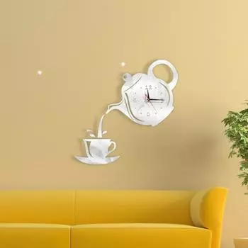 3D настенные часы, акриловое зеркало, кофейный чайник, настенные часы, наклейка, современный стиль, безрамные часы, украшение для дома, офиса и отеля 1 set серебряный